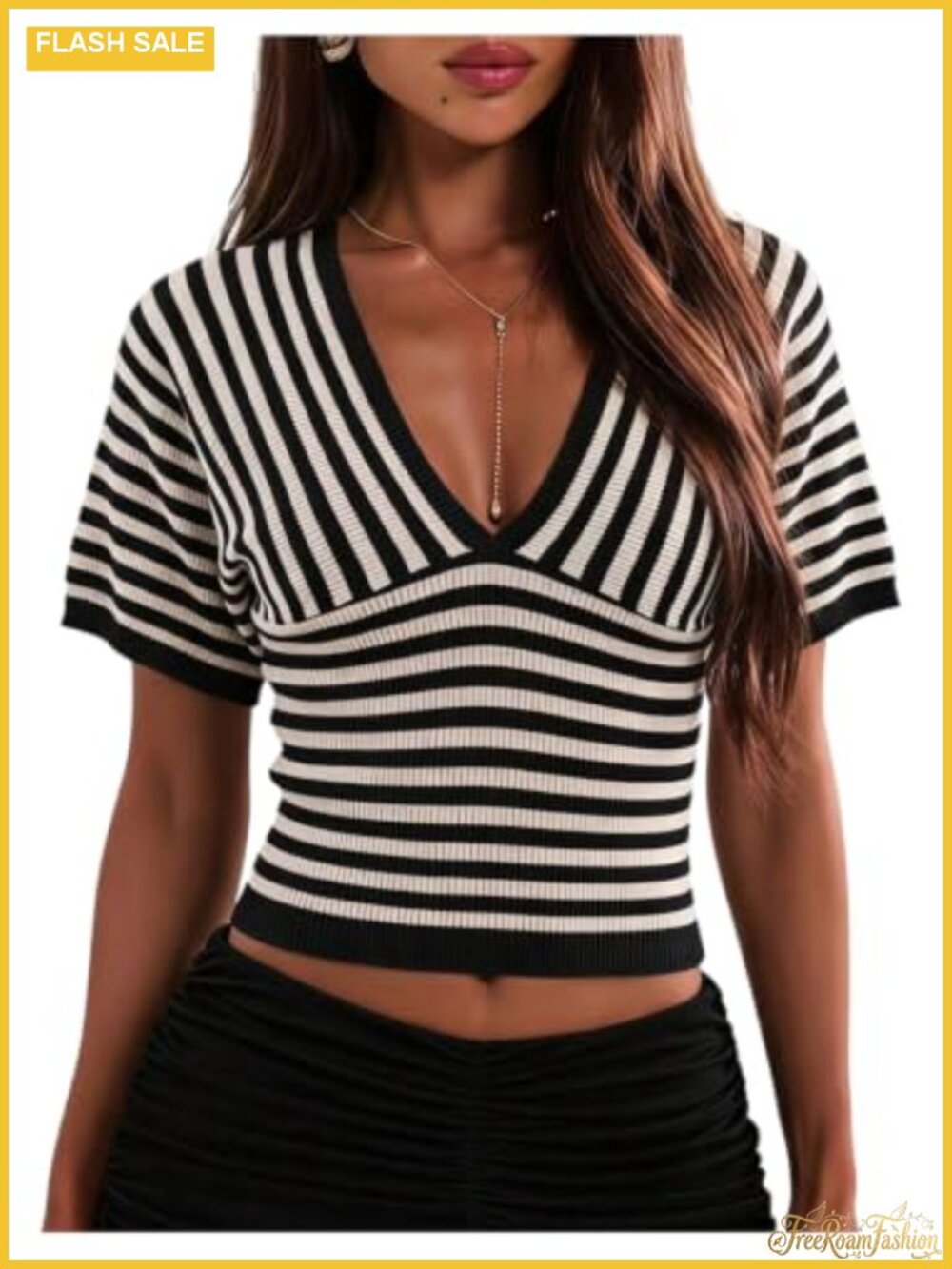 Striped V-Neck Short Sleeve Wrap Crop Top Y2K Summer Knit Tee Women